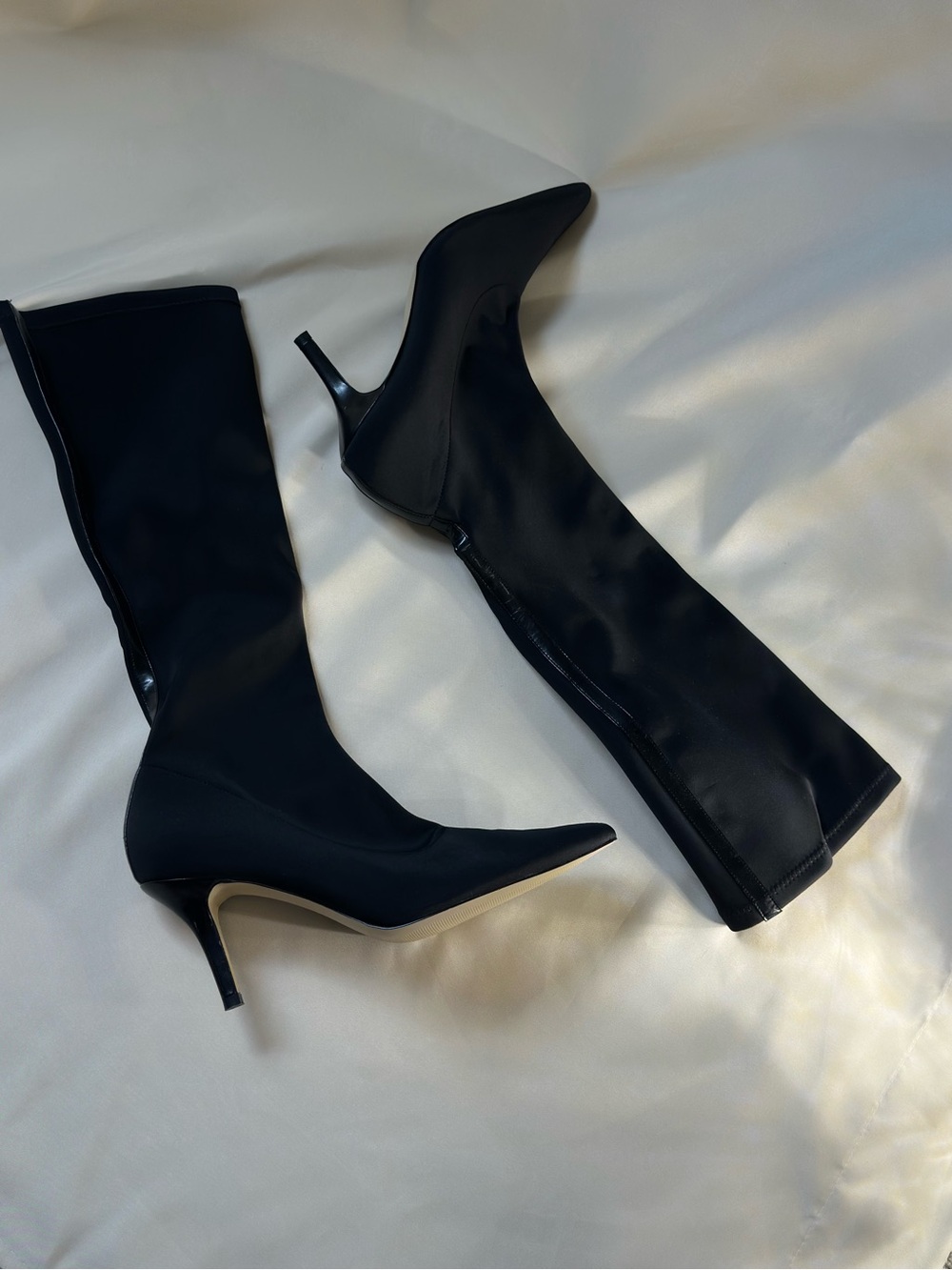 Martinez Valero Black Knee high stretch Pointed Stiletto Boots. Size 9 NWOT